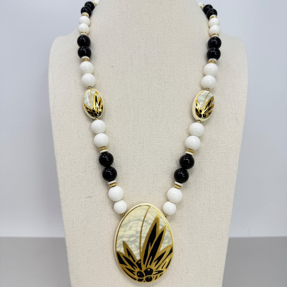 Vintage Japan Beaded Necklace Black White Gold Leaf Pendant Mid Century Modern